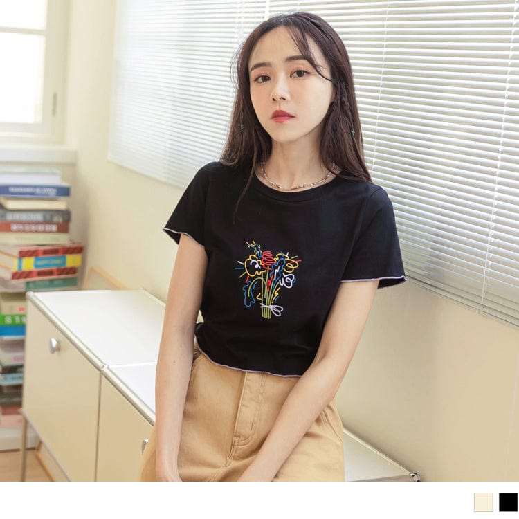 COTTON CONTRAST COLOR EMBROIDERED CROP TOPS