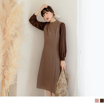 KITTY CHIFFON PATCHED PUFF SLEEVE LONG SLEEVE DRESS