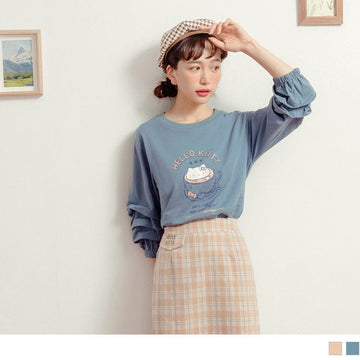 KITTY PRINTED PUFF SLEEVE 3/4 SLEEVE ROUND NECK TOPS