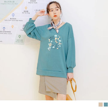 KITTY PRINTED V-NECK DROP SHOULDER PUFF SLEEVE TOPS