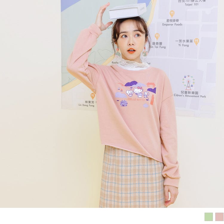 KITTY PRINTED DROP SHOULDER LONG SLEEVE CROP TOPS