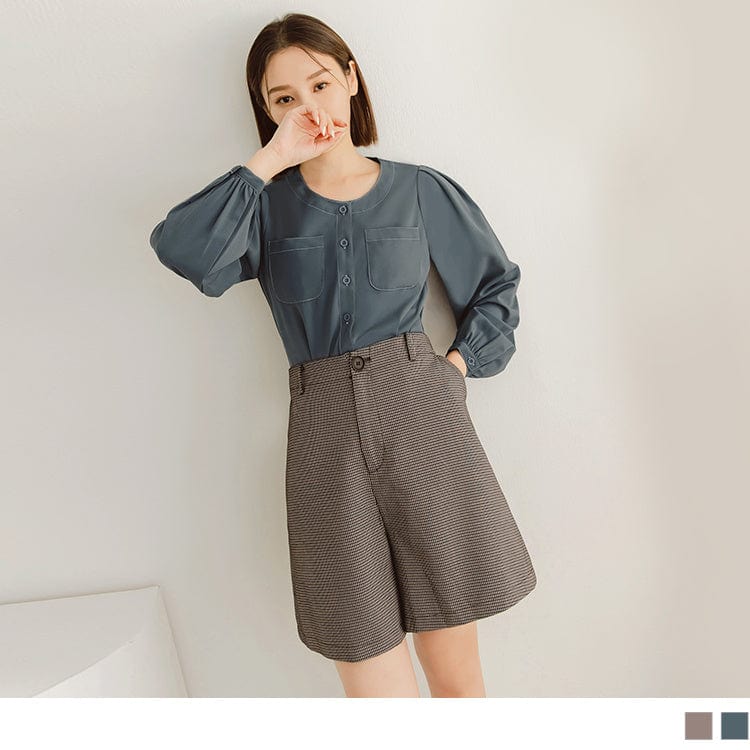 ROUND NECK TUNIC PUFF SLEEVE BUTTONS TOPS