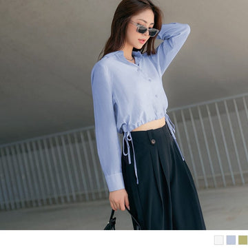 TRANSPARENT DRAWSTRING WAIST LONG SLEEVE CROP SHIRTS