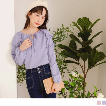 ROUND NECK RUFFLE PUFF SLEEVE LONG SLEEVE TOPS