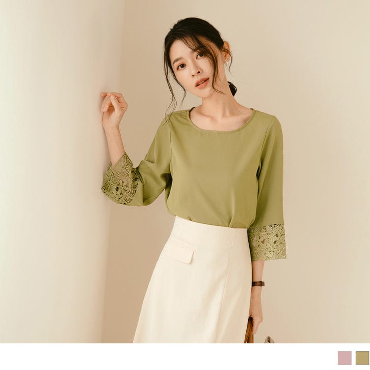 ELEGANT CHIFFON LACE PATCHED 3/4 SLEEVE TOPS