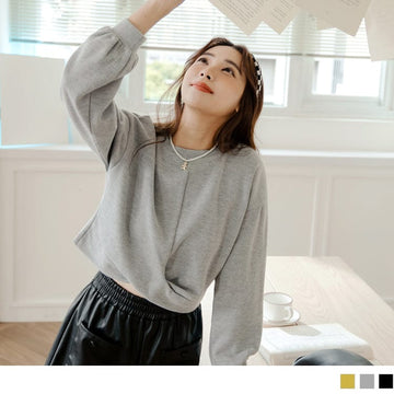 PURE COLOR DROP SHOULDER LONG SLEEVE CROP TOPS