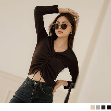 V-NECK DRAWSTRING PIT STRIPE CROP LONG SLEEVE TOPS