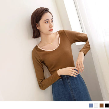 ELEGANT U-NECK COTTON LONG SLEEVE COTTON TOPS