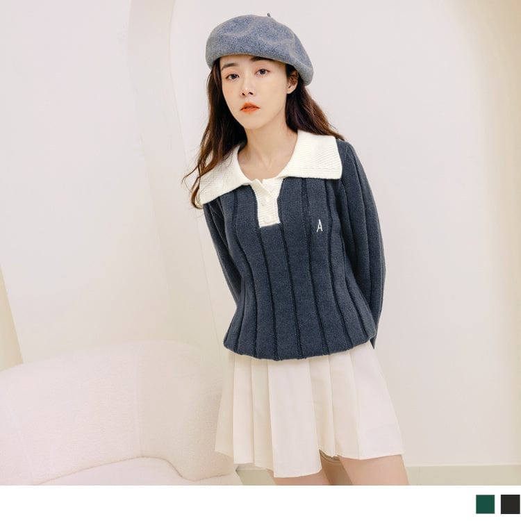 ELEGANT PIT STRIPE LETTER EMBROIDERED KNIT FUR TOPS