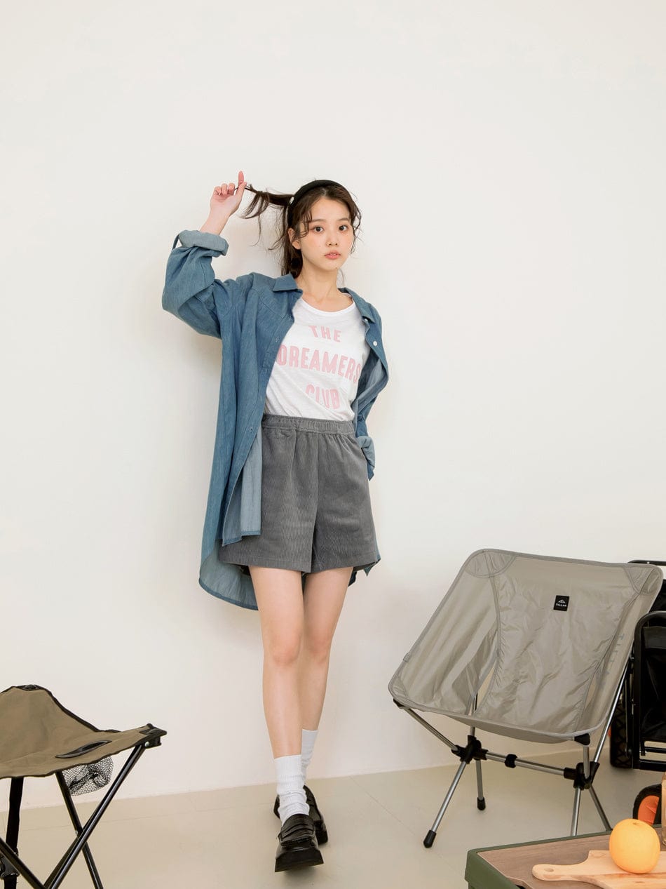 ELASTIC WAIST CORDUROY COTTON WIDE LEG SHORTS