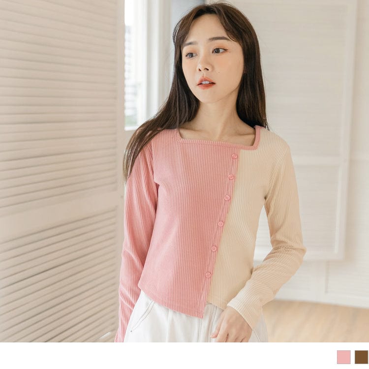 SQUARE NECK CONTRAST COLOR KNIT LONG SLEEVE TOPS