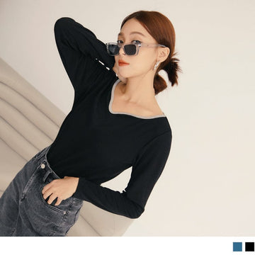 CONTRAST COLOR V-NECK KNIT LONG SLEEVE TOPS