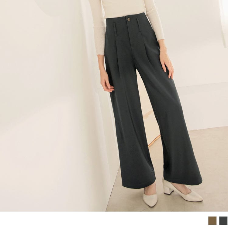 HIGH WAIST PURE COLOR PLEAT WIDE LEG LONG PANTS