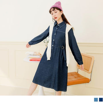 COTTON BUTTONS LONG SLEEVE DENIM A-LINE MIDI DRESS