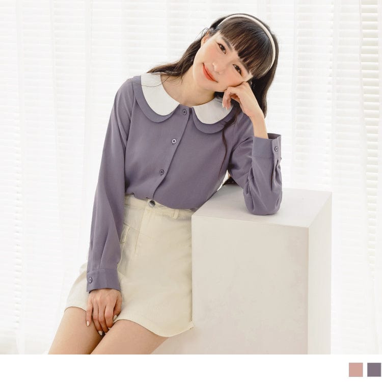 ROUND NECK LONG SLEEVE CONTRAST COLOR TOPS/SHIRTS