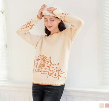 CAT PRINTED KNIT LONG SLEEVE ROUND NECK TOPS