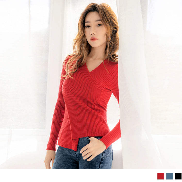 ASYMMETRICAL HEM V-NECK LONG SLEEVE KNIT TOPS