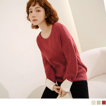 ROUND NECK CONTRAST COLOR LONG SLEEVE FUR TOPS