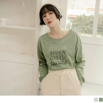 COTTON LETTER PRINTED LONGLINE LONG SLEEVE TOPS