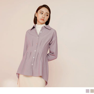 ELASTIC WAIST PLEAT BUTTONS LONG SLEEVE TOPS/SHIRTS