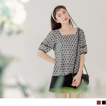 SQUARE NECK PUFF SLEEVE PRINTED COTTON TOPS