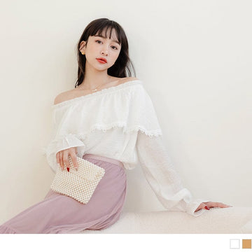 OFF SHOULDER LACE PATCHED RUFFLE SLEEVE TOPS