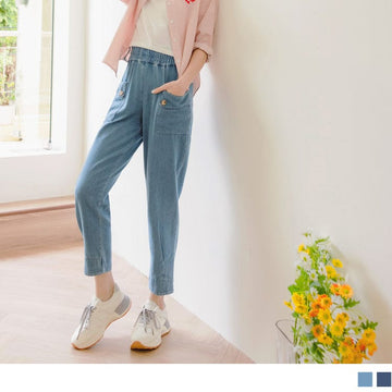 COTTON ELASTIC WAIST PATCHED DENIM LONG PANTS