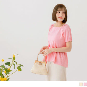 SQUARE NECK PUFF SLEEVE ELASTIC WAIST COTTON TOPS