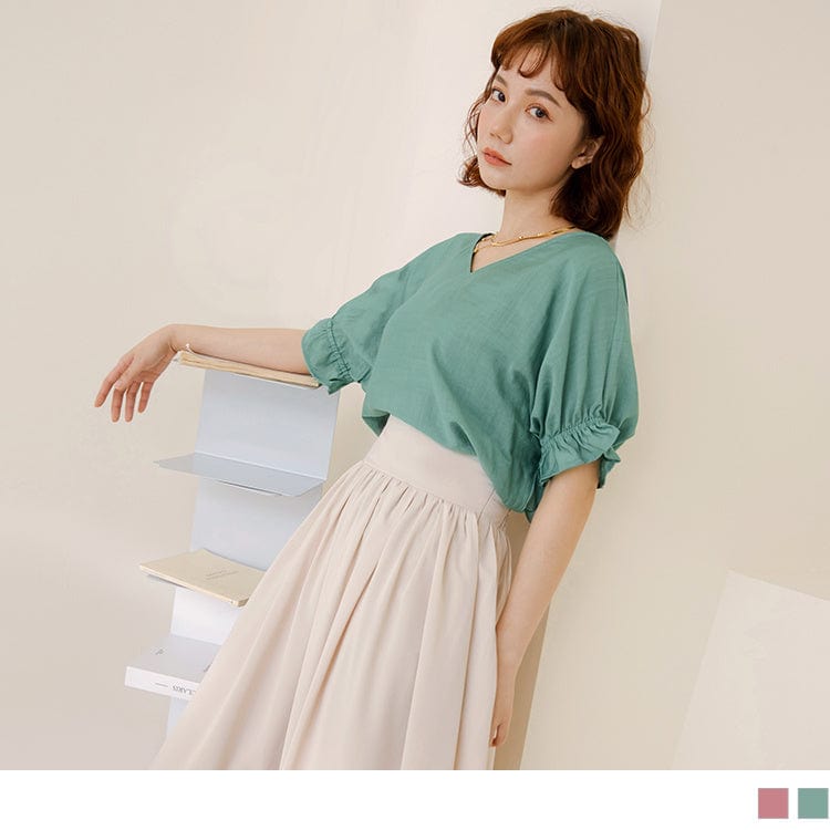 V-NECK PUFF SLEEVE RUFFLES CUFF PLAIN TOPS