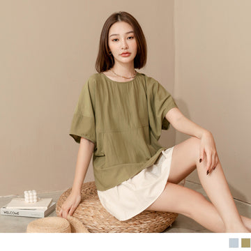 PURE COLOR BATWINGS SLEEVE ROUND-NECK TOPS