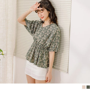 V-NECK FLORAL PRINTED ELASTIC WAIST PUFF SLEEVE TOPS