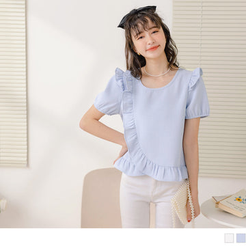 CHECKED RUFFLE PUFF SLEEVE ROUND-NECK TOPS