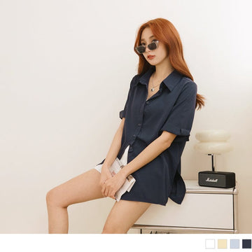 SHIRTS COLLAR SHORT SLEEVE LONGLINE SHIRTS