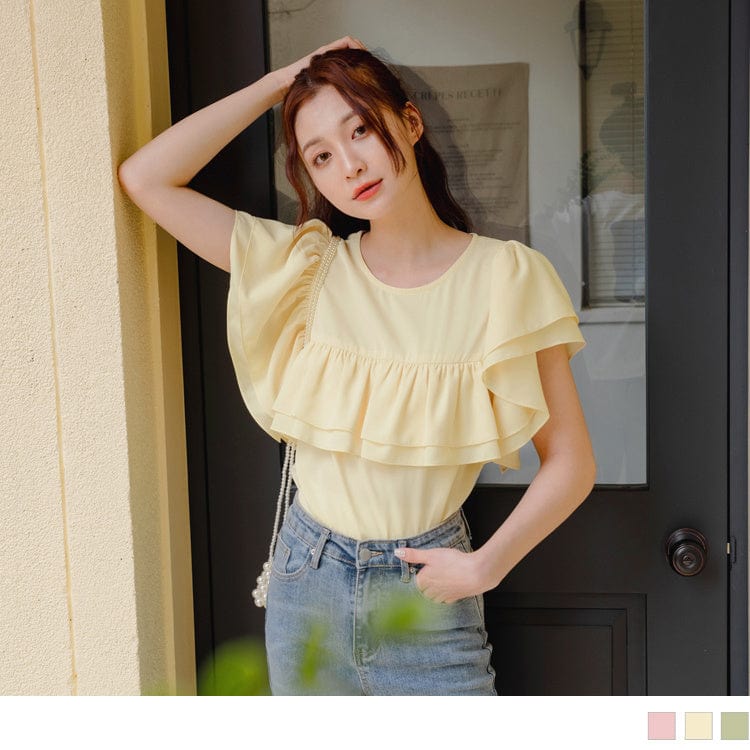 CASUAL CHIFFON RUFFLES SLEEVE ROUND NECK TOPS