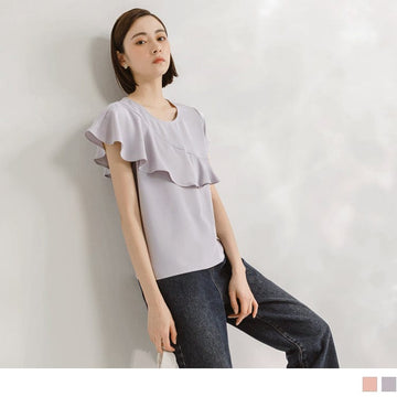 CHIFFON RUFFLE SLEEVE ROUND NECK SHORT SLEEVE TOPS