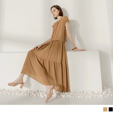 ROUND NECK BATWINGS SLEEVE LAYERED MAXI DRESS