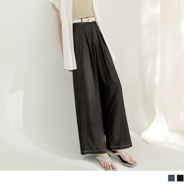 PURE COLOR PLEAT WIDE LEG LONG PANTS