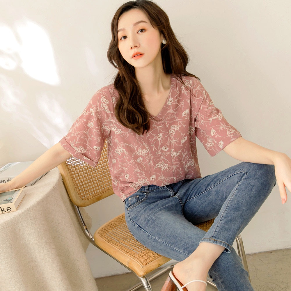 Cool Chiffon Print V-Neck Short Sleeve Top