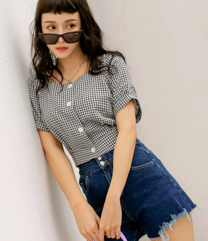 Casual Plaid Gingham Cropped Button Blouse Top