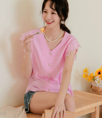 V-Neck Lace Sleeve Pearl Button Blouse Shirt Top