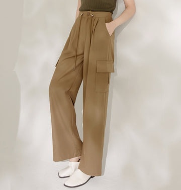 Long Pleated Drawstring Pocket Straight Cargo Pants Trousers