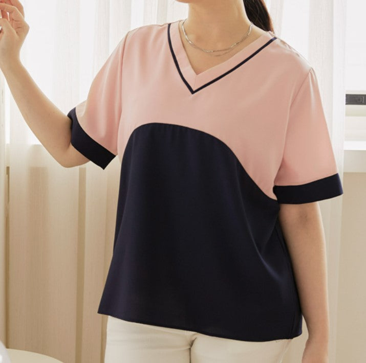 Basic Loose V-Neck Colorblock Blouse Top