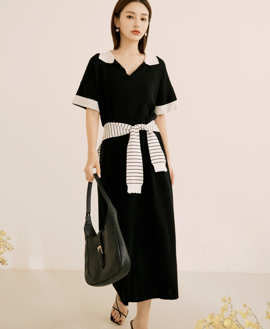 Basic Knit Colorblock Collar Long Maxi Dress