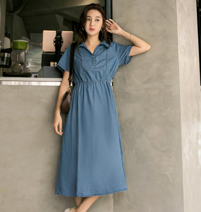 Ob Design Women Casual Denim Drawstring Long Maxi Shirt Dress Plus Size