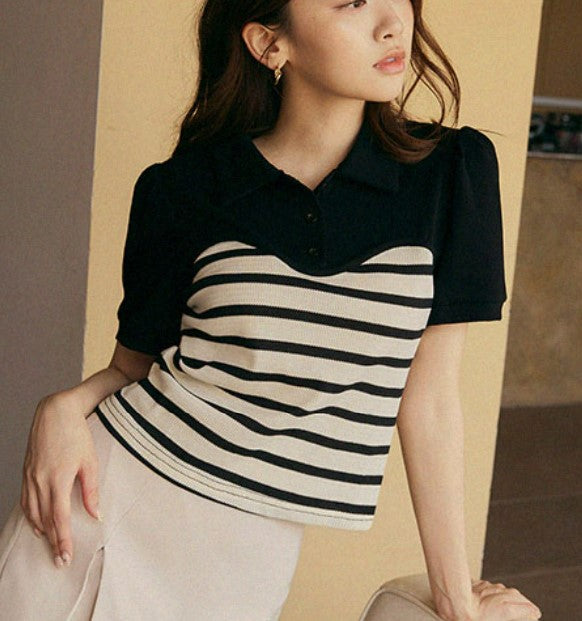 Casual Stripe Knit Bustier Cotton Collar Shirt Top