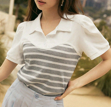 Casual Stripe Knit Bustier Cotton Collar Shirt Top