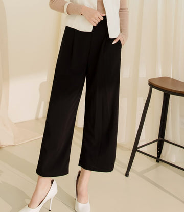 Basic Wrinkle Free Elastic Waist Long Culottes Wide Leg Pants