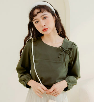 Wrinkle Free Ribbon Button Long Sleeve Blouse Top