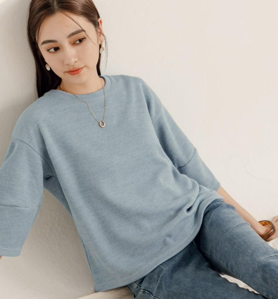 Basic Solid Plain Loose Knit Sweater Blouse Top