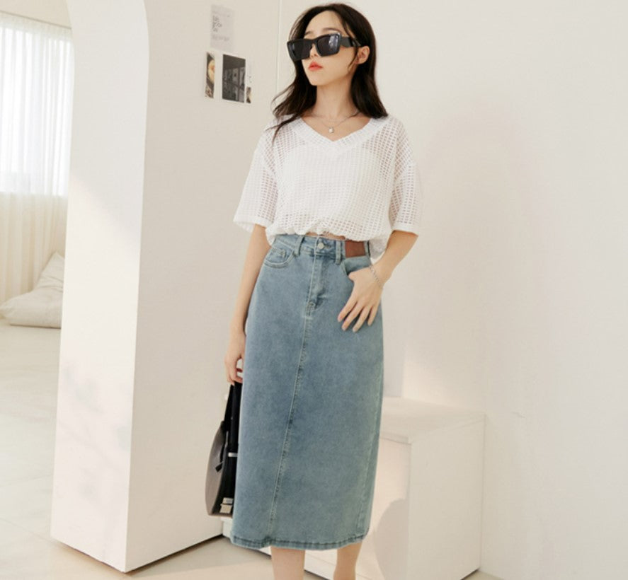 Casual Blue Washed Denim Long Maxi Slit Skirt